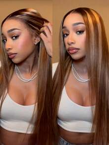 ARABELLA 13x6 Lace Max Highlight Silky Straight Wig With Drawstring 100% Human Hair Transparent Lace Front Wig 180% Density Pre Cut Lace & Pre Plucked Natural Hairline Glueless Wigs Highlight Colored Wigs - S4/27 - View 3