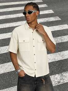 Men's Solid Color Short Sleeve Utility Pocket Single-Breasted Shirt - White - View 4