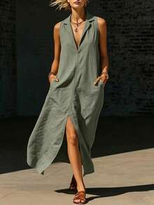 Nuevo vestido largo sin mangas para mujer, estilo europeo y americano, con cuello vuelto, abertura y bolsillos. - Azul - Ver 10