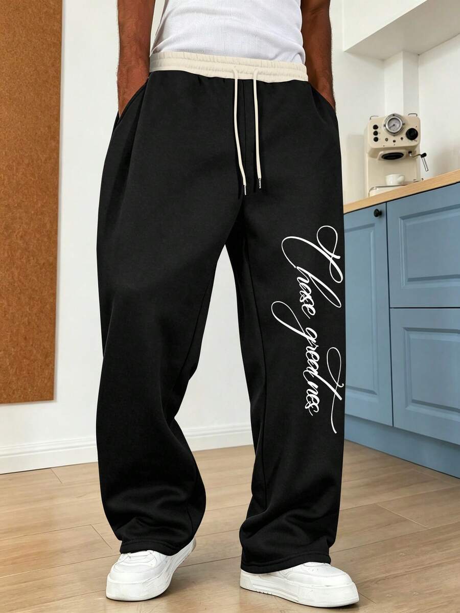 Men's Casual Numeric Print Sports Pants, Patchwork Street Style Joggers, Spring/Summer - Black - View 1