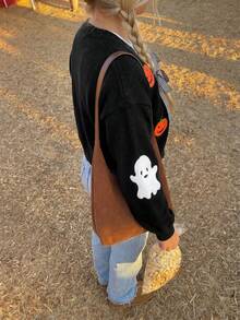 Cardigan Rajut Pendek Longgar Bordir & Hantu Halloween Wanita, Sweater Musim Gugur/Dingin, Gaya Kasual Nyaman Serbaguna untuk Musim Gugur - MultiWarna - View 2