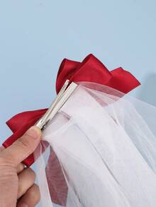 1pc Romantic Elegant Fashion Bridal Red Bow Mesh Ribbon Hair Clip - Red and White - View 5