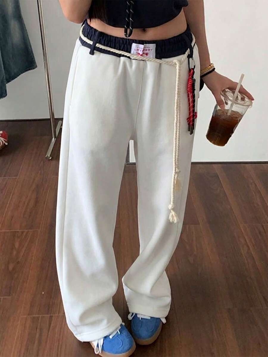 女款海軍藍復古休閒運動長褲,拼接腰頭,直筒寬鬆大腿褲,美式風格白色 - 白色 - 查看 1