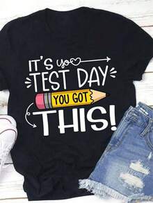 Camiseta Motivacional para Mujer "Es D■a de Examen, T Puedes" - Camiseta de Confianza para Ex£menes con Letras, Cmoda y Transpirable, Manga Corta y Cuello Redondo, Ideal para D■as de - Negro - Ver 2
