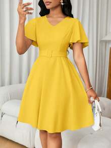 Vestido mini elegante de manga corta con volantes en el bajo y corte evasé de un solo color para mujer - Amarillo - Ver 1