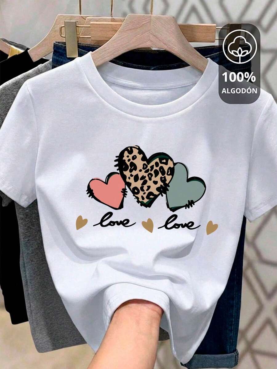 NewSummerCasual Graphic T-Shirt With Heart And Letter Motif For Women - Vintage Street Style Unisex Loose Cotton Short Sleeve Crew Neck T-Shirt - 白色的 - 查看 1
