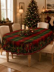 1pc Traditional Red & Green Plaid Holly Print Round Tablecloth, Suitable For Holiday Party Decor, Home Decor, Room Decor, Garden, Kitchen, Country Farmhouse Style Dining, Christmas Dinner And Family Celebration - Multicolor - View 3