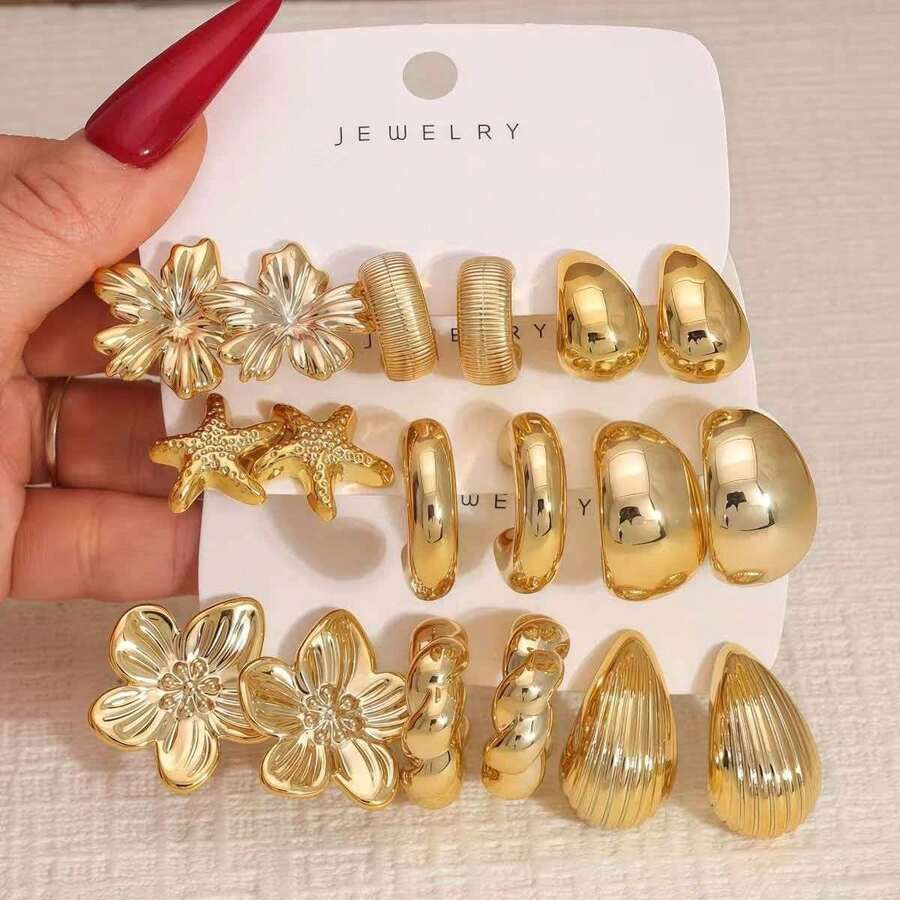 6/18PCS Fashionable Elegant Flower, Starfish And Geometric Elements Gold Metallic Earring Set, Women's Fashion Earring Set, Suitable For Daily Wear And Vacation, Gift (Lightweight CCB Material, Non-Fading) - Gold - View 1