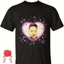 Men's Sal Vulcano Kawaii-Shirt - Black Cotton, Cutesy Heart-Shaped Photo Print, Casual Round Neck, All-Season Wear, Allseason Apparel |     Kaw - Black - View 1