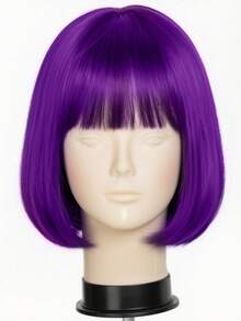 12 Inch Deep Purple Bobo Straight Hair Wig With Bangs, High Temperature Synthetic, Soft And Smooth, Versatile Design, Suitable For Daily Wear, Music Festivals And Cosplay For All Women,Halloween - Dark Purple - View 8