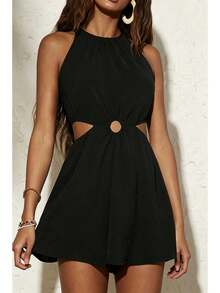 Vestido corto de verano de nuevo estilo, con cuello halter, sin mangas, con corte en la cintura y color sólido. - Rosa Fucsia - Ver 10