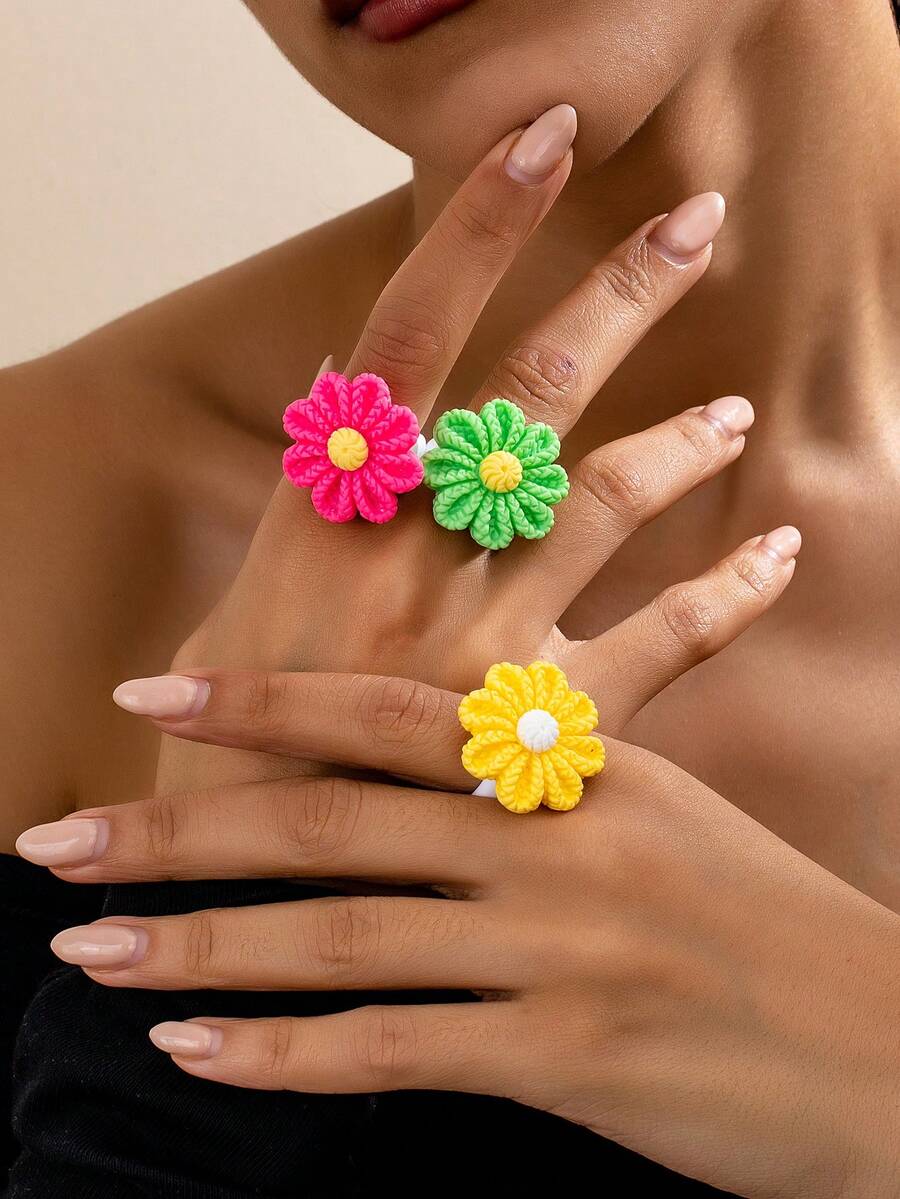 Juego de 3 anillos de flores de resina de colores personalizados y creativos, adecuado para mujeres - Multicolor - Ver 1