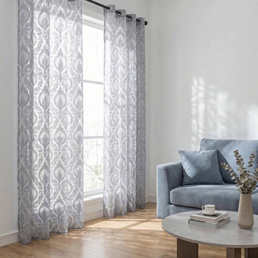1pc European Style Cutout Floral Sheer Curtain, Lightweight Decorative Window Curtain - Grey - View 1