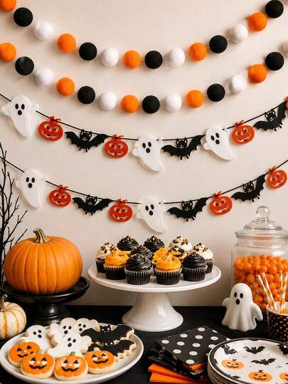 4/2pcs/1pc Felt Ghost Bat Pumpkin Garland + Pom Pom String Combination, With 30 Movable Pom Poms, Indoor/Outdoor Party Decoration Props Garland, Birthday Party Wedding Hanging Decoration Banner, Halloween Autumn Decoration Hanging Ornament, Thanksgiving Christmas Valentine's Day Reusable Pom Pom String, Pre-Strung Banner, No DIY Needed, Fireplace Decor, Tabletop Decor, Background Decoration Hanging Ornament