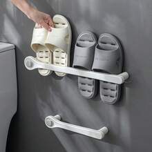 Estante para pantuflas de baño montado en la pared, estante para zapatos de baño montado en la pared, estante para zapatos sin taladro, estante de almacenamiento - Gris - Ver 9