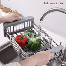 ASEANAO - Estante de secado de cocina de acero inoxidable, cesta de drenaje retráctil con reposabrazos ajustable, estante para secar platos sobre el fregadero pequeño - Negro pequeño - Ver 8