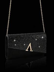 Shiny Luxury Women's Sequin Clutch, V-Shaped Metal Flap Bag, Letter Fashion Party Bag, Women's Ball Handbag, Women's Wedding Evening Bag, Shiny Luxury Diamond Jewelry Set, Sparkling Necklace, Earrings And Bracelet Set, Suitable For Matching Shiny Evening Gowns, Wedding Dresses And Party Outfits - Black - View 9