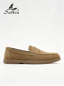 Salkin 經典設計師男士莫卡辛素色麂皮套腳便士樂福鞋，柔軟皮革紳士商務社交鞋，男士休閒鞋，適用於日常辦公、派對、情侶約會、浪漫晚餐、返校學生鞋，校園風，請選擇大一號 - 卡其色 - 查看 5