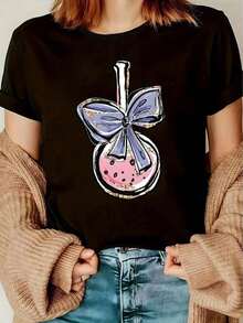 Camiseta Informal De Cuello Redondo Para Mujer Con Estampado Gráfico De Donut Rosa Y Morado - Manga Corta, Poliéster, Top De Verano Y Primavera, Top Informal De Verano, Top Con Estampado J - Negro - Ver 2