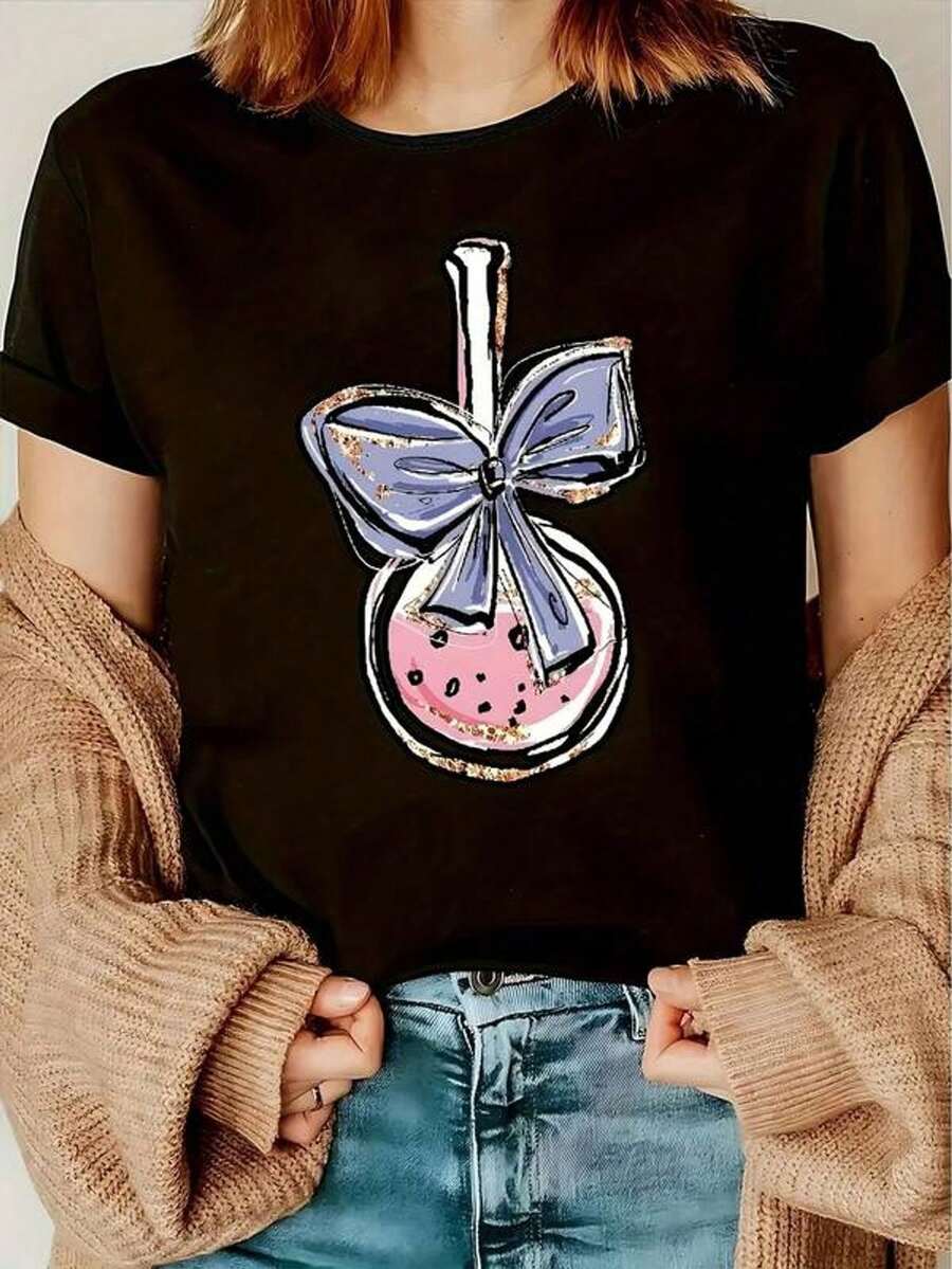 Camiseta Informal De Cuello Redondo Para Mujer Con Estampado Gráfico De Donut Rosa Y Morado - Manga Corta, Poliéster, Top De Verano Y Primavera, Top Informal De Verano, Top Con Estampado J