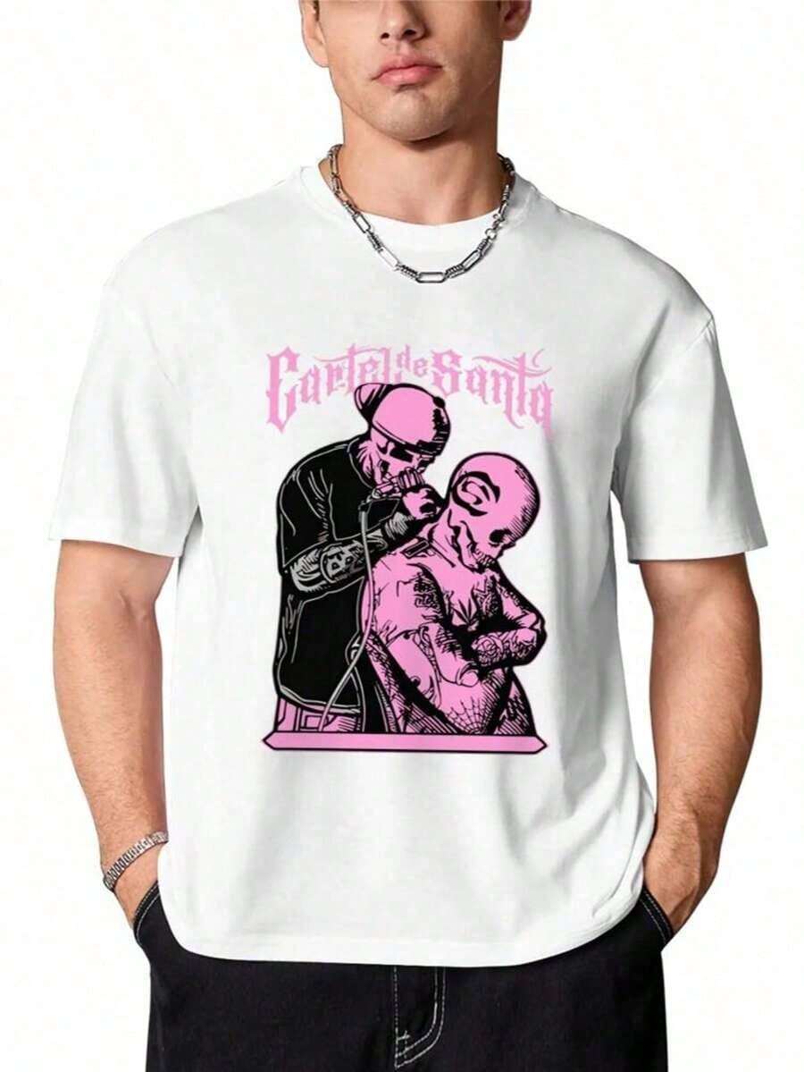 Skull Tattoo Artist, Classic Retro Hop Casual Fashion Y2K Skull Tattoo Popular Skull Letter Print Boutique 180g Cotton T-Shirt - 紅色 - 查看 1