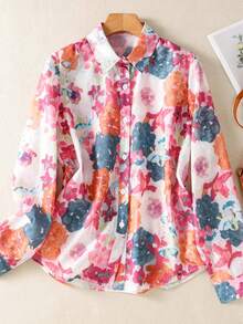 Camisa de mujer con estampado floral de manga larga con cuello y botones delanteros - Ropa para vacaciones románticas, adecuada para primavera, verano, otoño e invierno - Naranja - Ver 1
