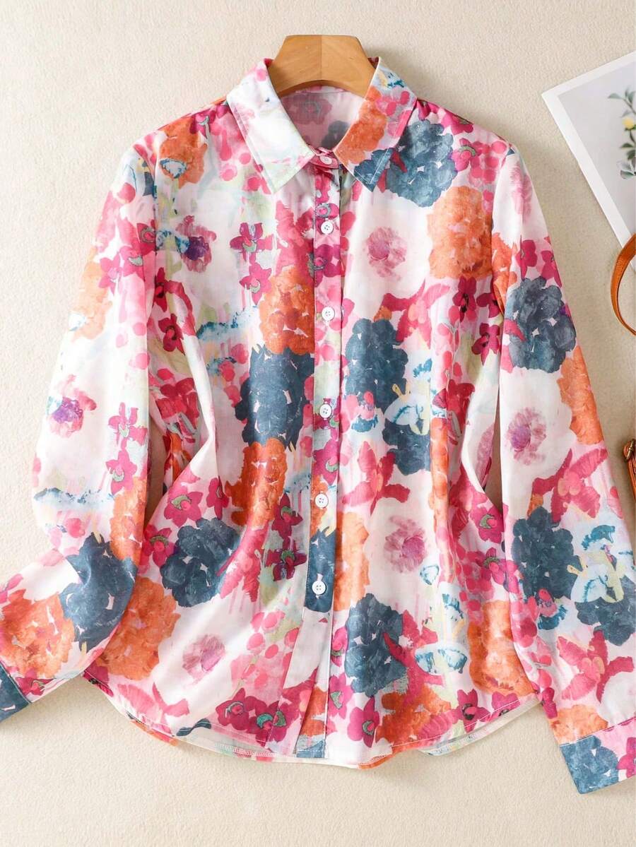 Camisa de mujer con estampado floral de manga larga con cuello y botones delanteros - Ropa para vacaciones románticas, adecuada para primavera, verano, otoño e invierno - Naranja - Ver 1