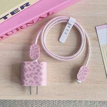 5件組手機充電器與數據線保護套組，紋理設計，兼容 Apple 20W/18W 充電器，適用於 iPhone 16 Pro Max/15/14/13/12/11 充電器保護套，防塵防震，高級簡約 - 粉色 - 查看 4