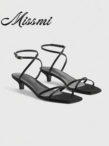 New 2025 Spring/Summer Women's Brown Suede Round Toe Peep Toe Chunky Heel Outdoor High Heel Sandals - Black - View 1