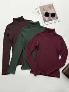 ACME MADE IN CHINA 3-Piece Set Of Basic Long-Sleeved Turtleneck Sweaters For Women's Winter Wear. - Kit 3 Verde/Vinho/Cafe - View 4