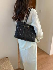 2026新款星星印花時尚通勤奢華大容量休閒高品質百搭單肩托特包 - 黑色 - 查看 3