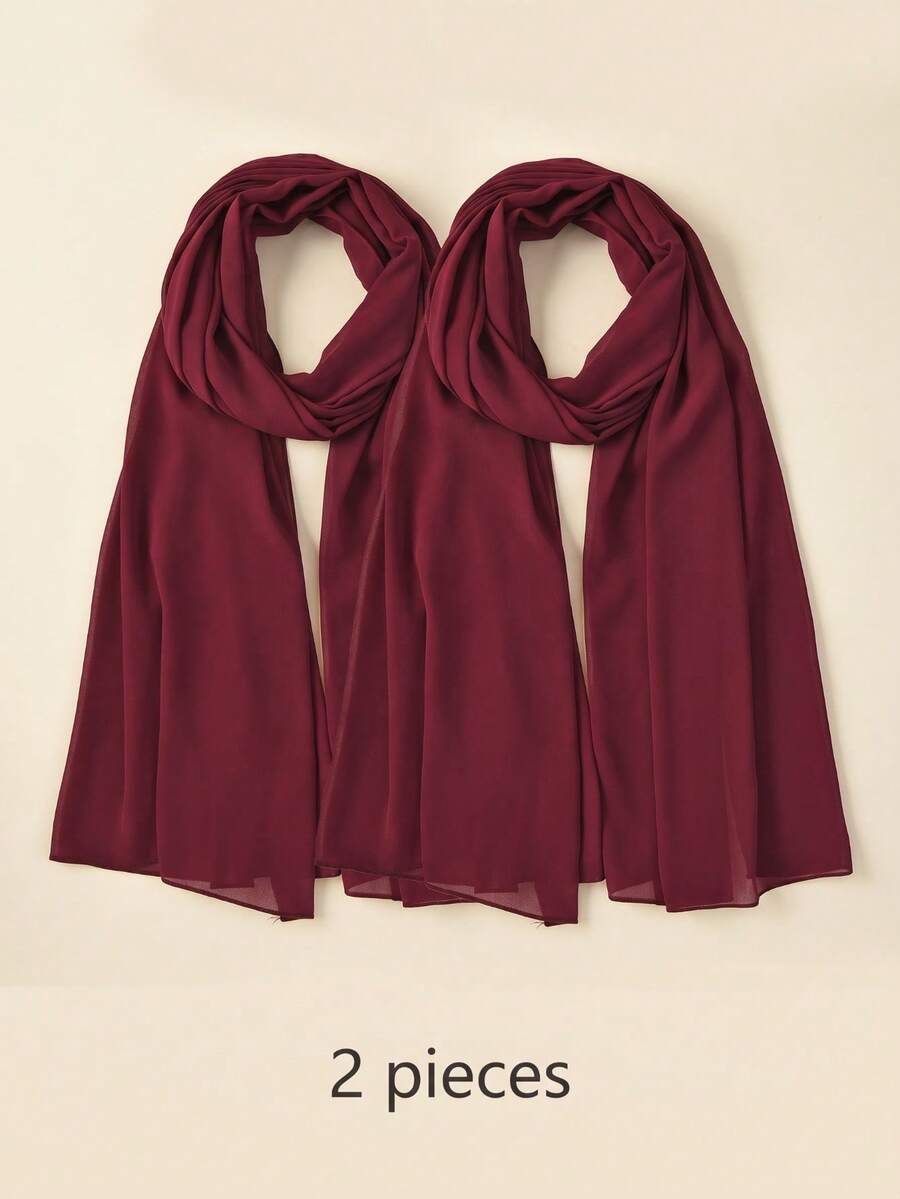 2pcs Women's Solid Color Pearl Chiffon Headscarf Arabic Casual Long Scarf Headwrap Suitable For Daily Use - Burgundy 2-pack - View 1