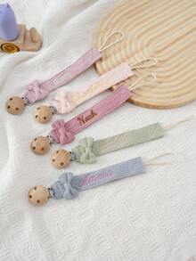 1pc Personalized Custom Embroidered Name Baby Pacifier Clip Wooden Anti-Lost Dummy Holder Chain Infant Soother Strap Newborn Baby Shower Gift - Multicolor - View 8