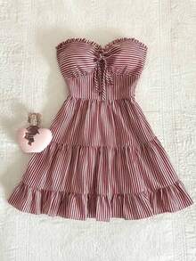 Vestido tubo de estilo callejero a cuadros rojos para mujer - Rojo y blanco - Ver 1