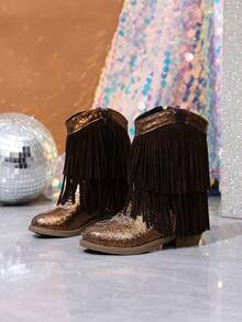 NILOSH Girls' Glitter Tassel Denim Boots, Western Mid-Calf Boots, Suitable For Parties, Dancing And Performances - Chocolate Brown - View 1