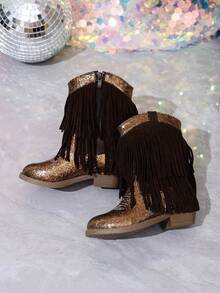 NILOSH Girls' Glitter Tassel Denim Boots, Western Mid-Calf Boots, Suitable For Parties, Dancing And Performances - Chocolate Brown - View 8