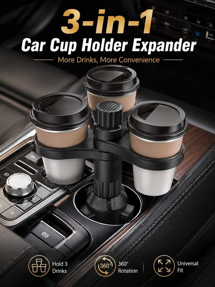 Universal 3-In-1 Car Cup Holder Expander, 360° Rotating Multi-Cup Adapter, Adjustable Base Car Interior Beverage Storage Rack - A - View 1