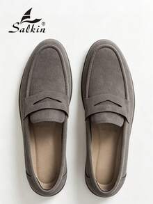 Salkin 經典時尚設計師男士套腳樂福鞋，純色仿麂皮莫卡辛休閒鞋，平價奢華感，柔軟舒適透氣防滑耐磨平底休閒鞋，時尚百搭適合學生返校季畢業典禮學院風商務正式鞋男士辦公室派對宴會婚禮新郎鞋春夏秋季大尺碼男鞋多色可選，尺碼偏小，請選擇大一號 - 灰色 - 查看 2