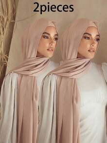 2pcs Hijab Pantai Chiffon Warna Polos Wanita, Jilbab Muslim Arab Kasual Panjang, Penutup Kepala Pelindung Matahari, Cocok untuk Penggunaan Sehari-hari - Sampanye - View 3