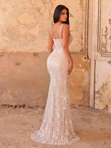 Faeriesty Elegant Women's Long Sequin Mermaid Formal Gown With Beaded Spaghetti Strap And Cup Details, Suitable For Romantic Evening Party Wedding Fall - Apricot - View 3