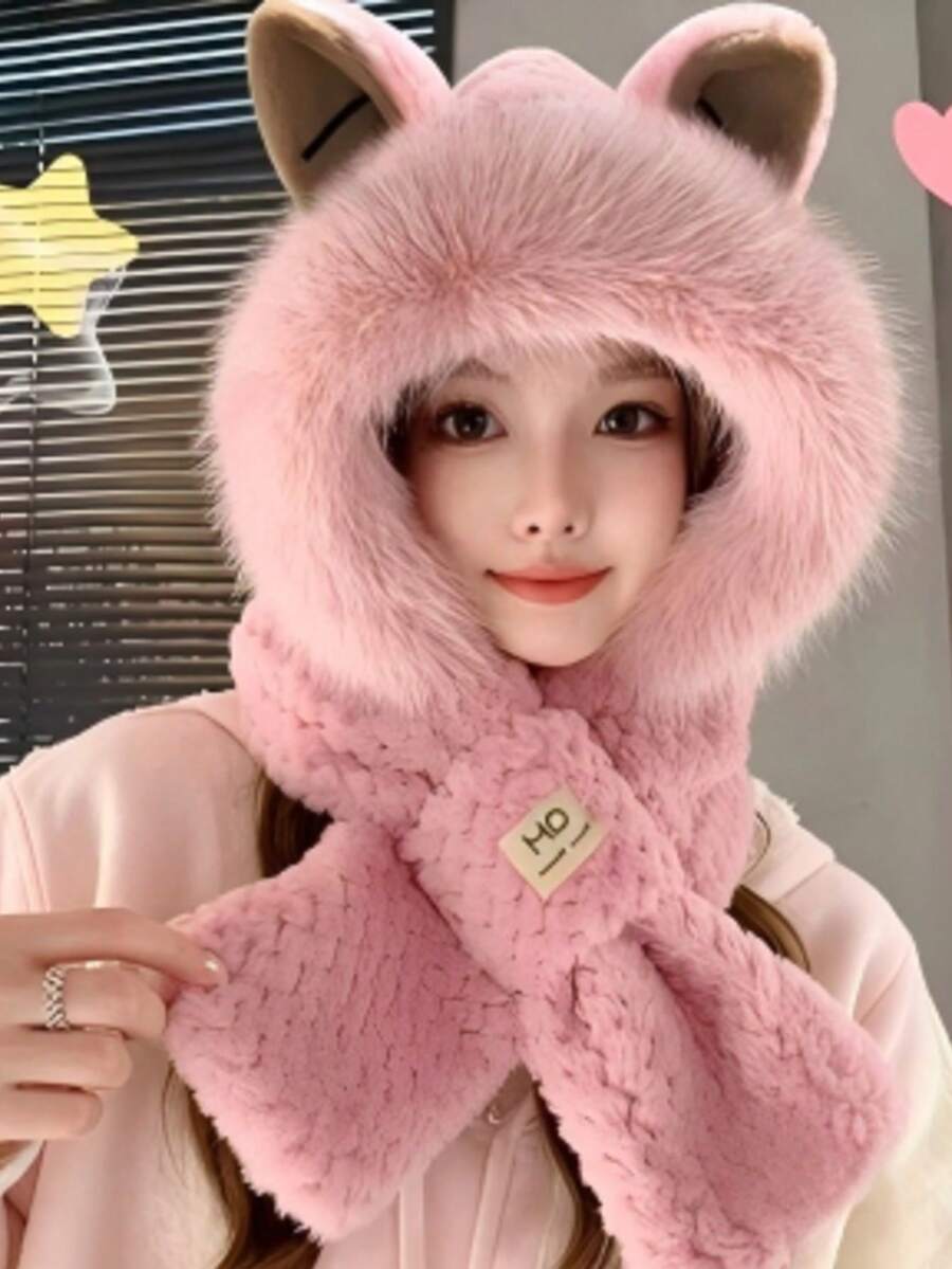 1/2件組 女款軟萌貓耳毛絨冬季帽子、加厚保暖女款冬季圍巾、針織露指女款冬季手套,女款冬季配件全套 - 彩色 - 查看 1