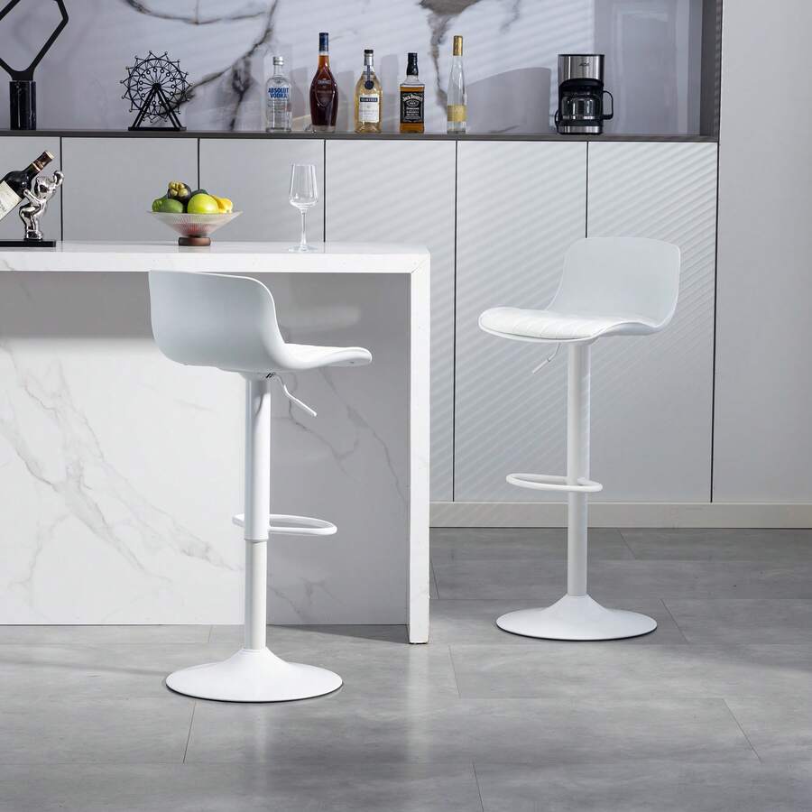 Adjustable Swivel Stool Set Of 2 / Modern Style Bar Stools / Plastic Backrest & Faux Leather Seat / Gas Spring Height Adjustment / Suitable For Kitchen Islands Or Dining Rooms - 白色 - 查看 1