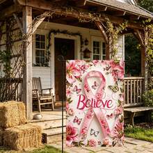 Outdoor Garden Flag, 2D Flat Yard Decor, Pink Ribbon Yard Flag, "Believe" Inspirational Floral Butterfly Pattern, No Metal Pole Only Flag, Double-Sided Printed Yard Garden Flag, Suitable For Holiday Decoration - Multiple Colors - View 1