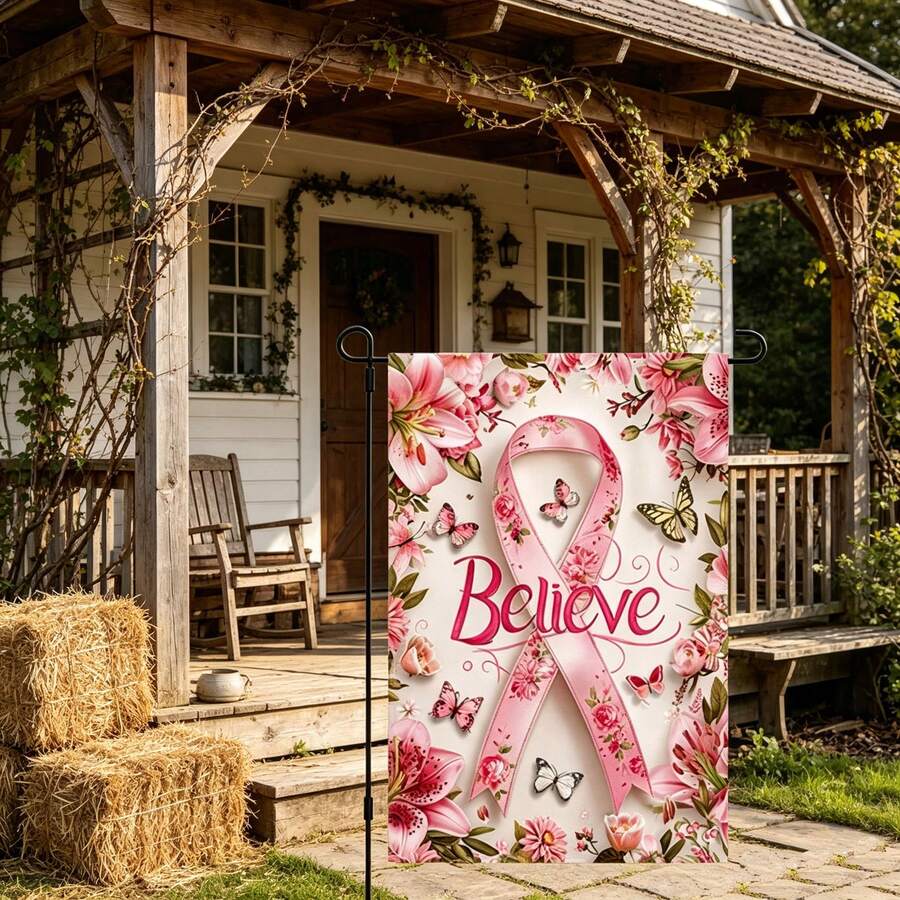 Outdoor Garden Flag, 2D Flat Yard Decor, Pink Ribbon Yard Flag, "Believe" Inspirational Floral Butterfly Pattern, No Metal Pole Only Flag, Double-Sided Printed Yard Garden Flag, Suitable For Holiday Decoration - Multiple Colors - View 1