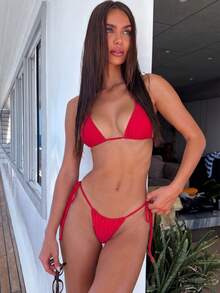 春夏女款性感純色掛脖比基尼海灘度假兩件式泳衣套裝，掛脖綁帶背後與側綁比基尼褲，紅色 - 紅色 - 查看 2