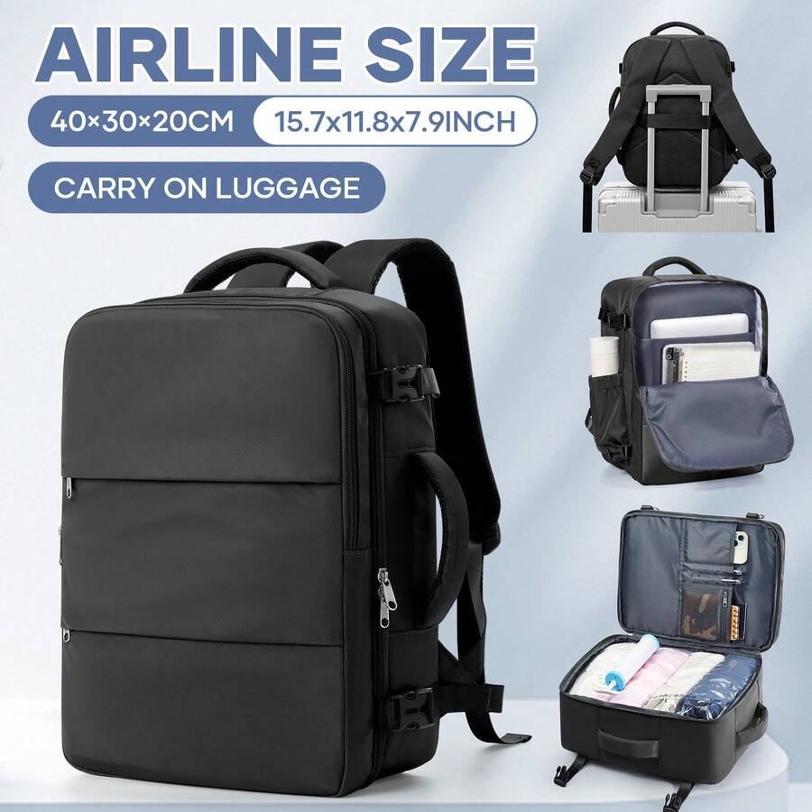 航空合規 40*30*20cm 短途旅行背包，大容量全開式儲物隔層，多層分區儲物可放個人物品，側面彈性水壺袋，背面行李箱掛帶設計，布料商務通勤旅行多功能登機背包