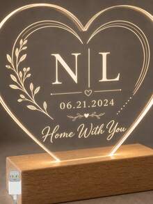 1PC Custom Heart Acrylic LED Night Light, Personalized Couple Initials Lamp With Date, Warm Bedside Decor Gift For Anniversary, Wedding, Engagement, Valentine's Day, Bedroom, Home, Romantic Room Decoration - Multicolor (Style 1) - View 7