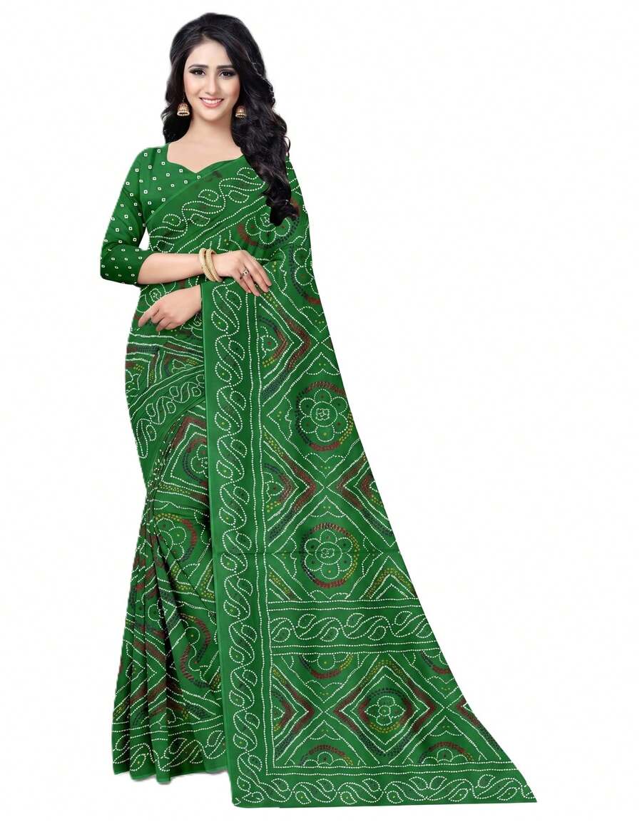 Estationeryhouse Bandhani Printed With Leaf Design Border With Unstitched Blouse Pc - Green - View 1