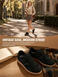 Women's Pure Black Faux Suede Vintage Sneakers, Low-Top Lace-Up Flat Casual Shoes, Rubber Sole Non-Slip Comfortable Walking Shoes, Suitable For Daily Street Wear - Black - View 2