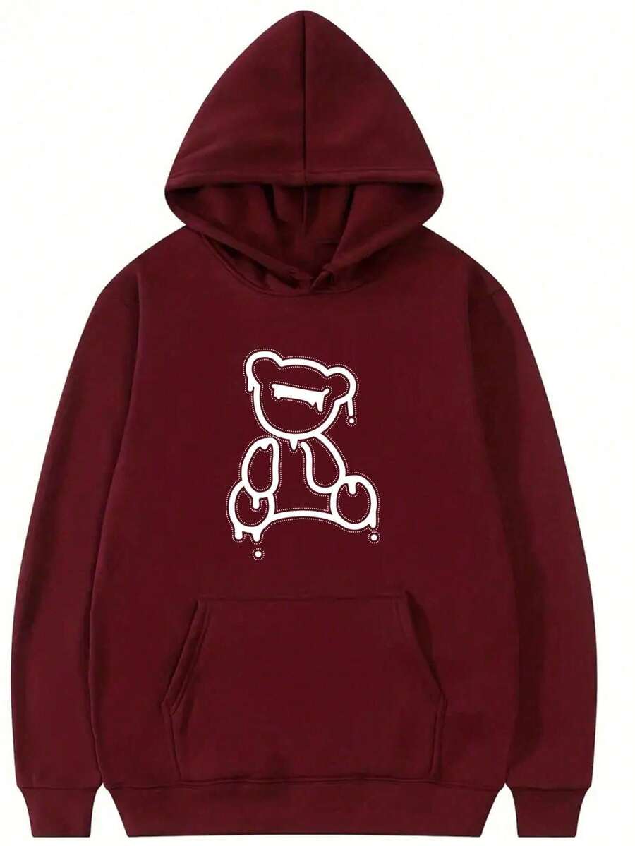Men's Bear Print Sweatshirt With Thermal Lining - Bordeaux - View 1